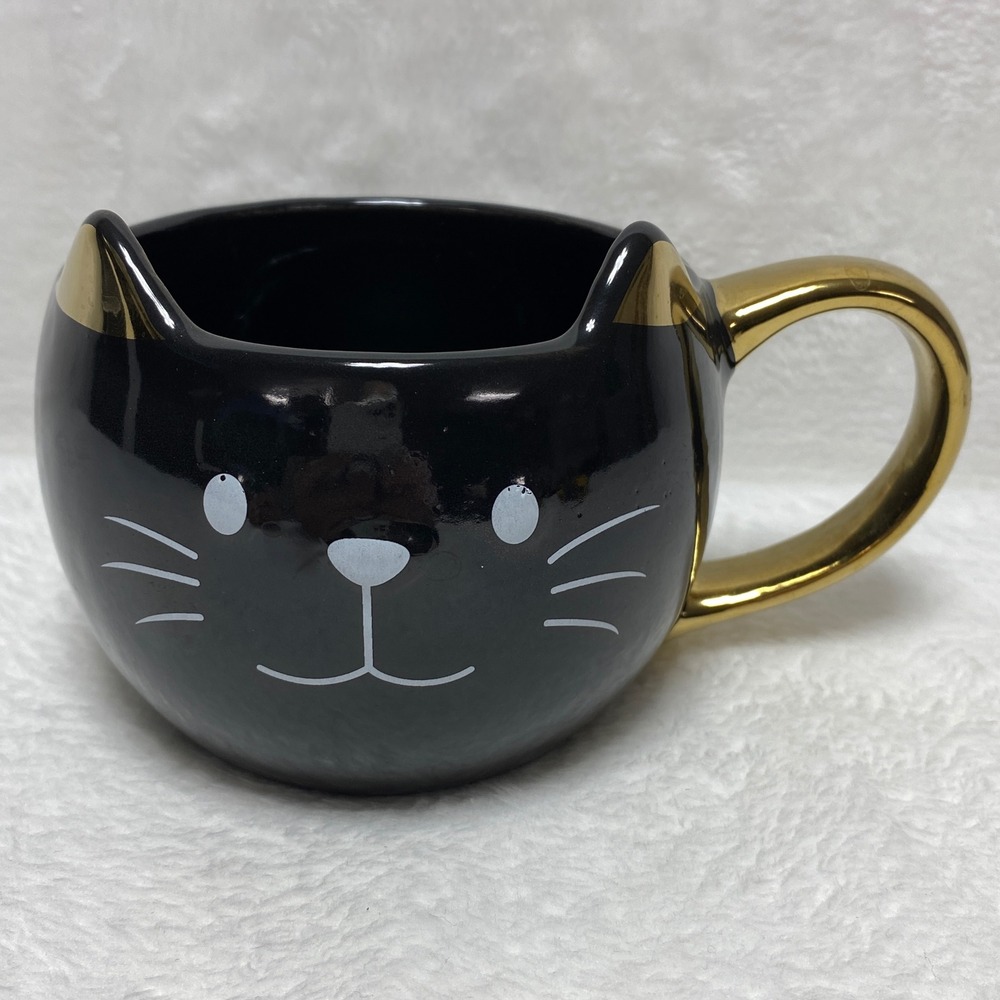 Halloween Black Cat Coffee Mug Gold Handle Whiskers Ears‎ Kitten Kitty Cute Cup